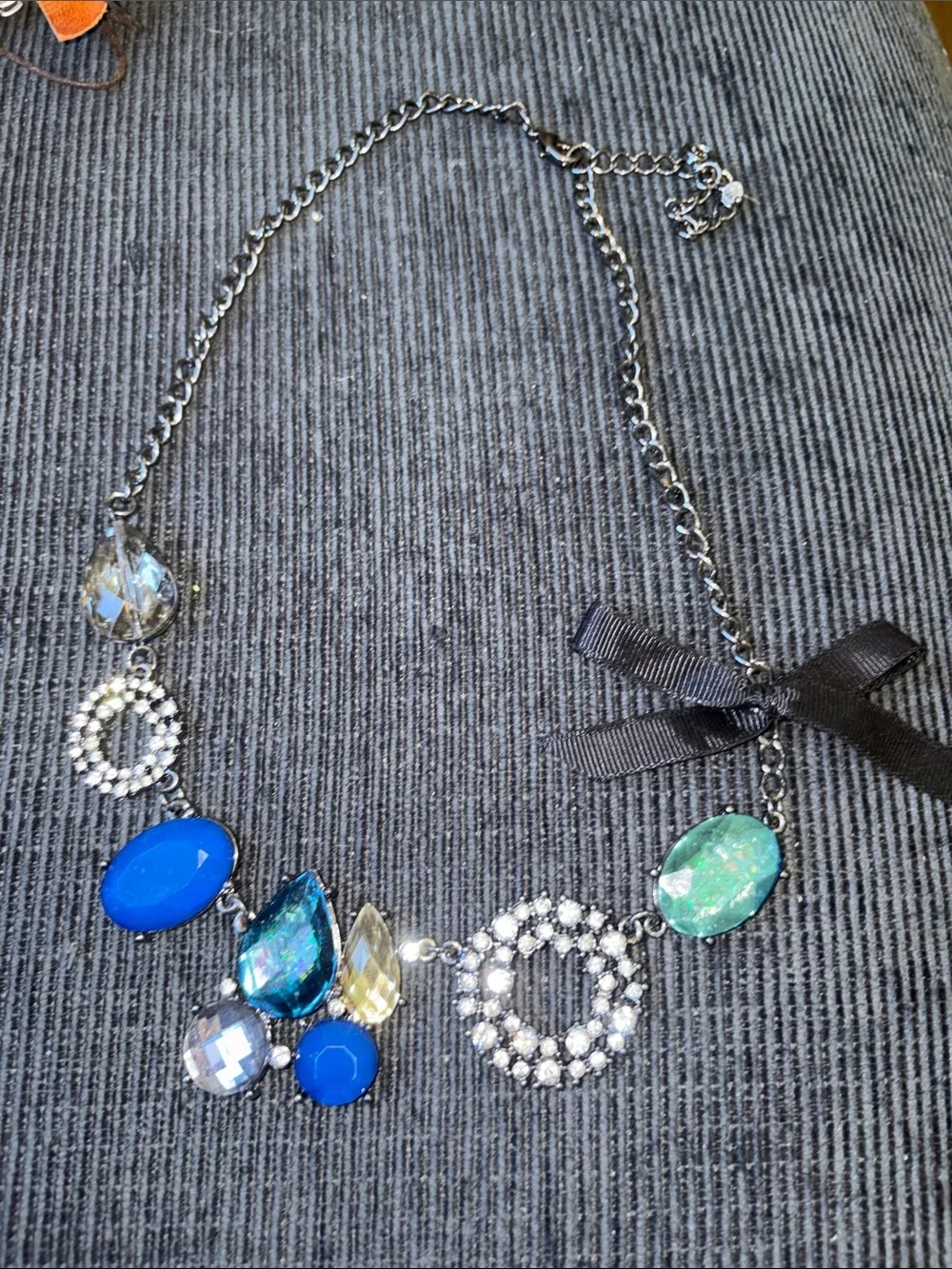 18-Statement Blue and Teal Crystal Necklace with Black Ribbon